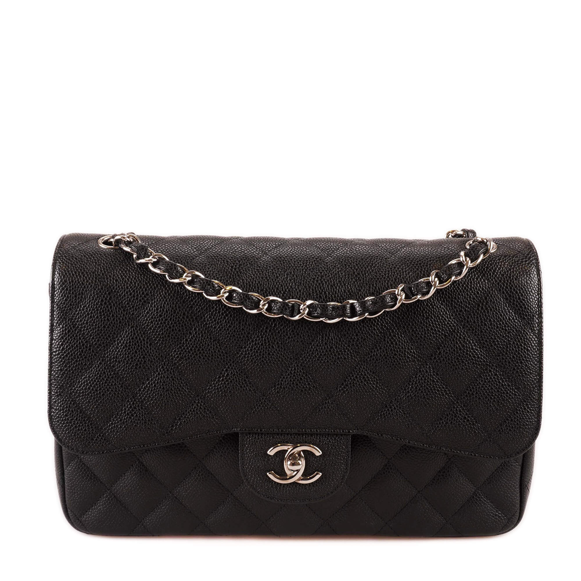  Chanel - Black Quilted Caviar Leather Jumbo Double Flap Bag